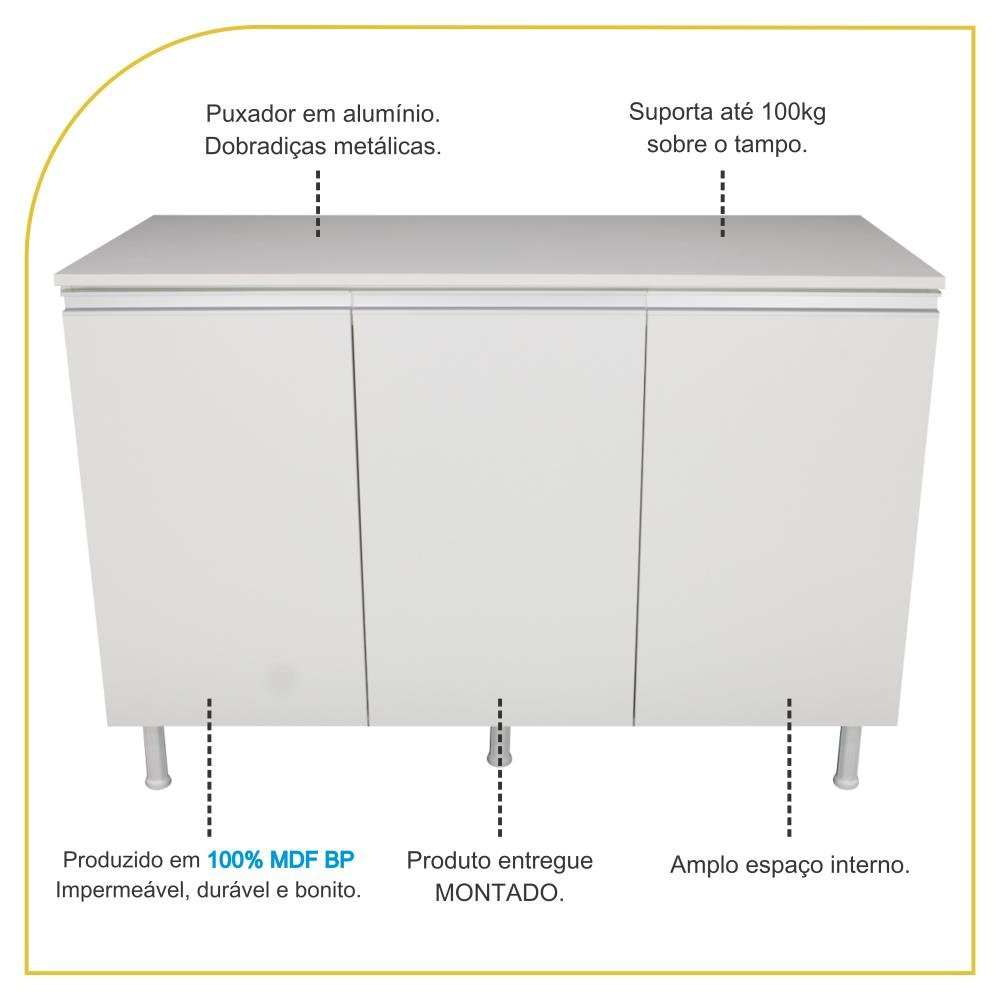 Balcão Multiuso C/ Tampo 120cm 100%mdf 3 Portas para Cozinha - 2