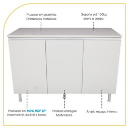 Balcão Multiuso C/ Tampo 120cm 100%mdf 3 Portas para Cozinha - 2