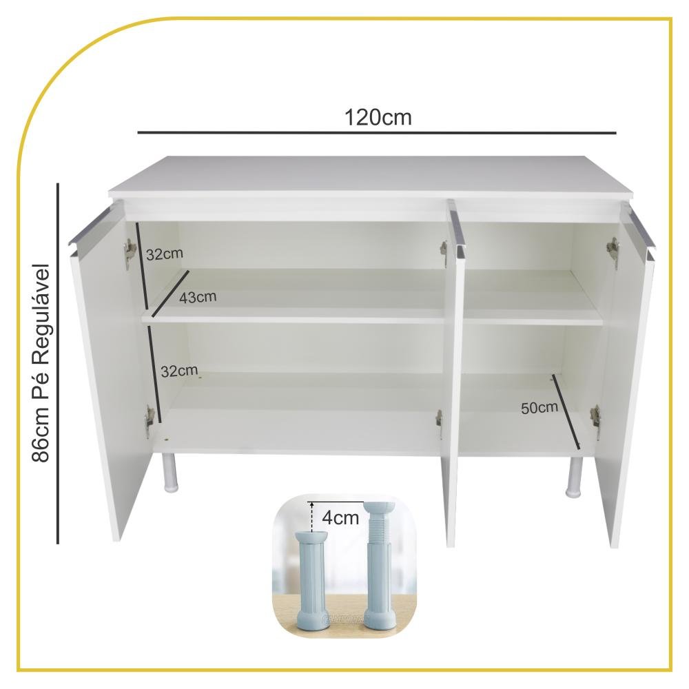 Balcão Multiuso C/ Tampo 120cm 100%mdf 3 Portas para Cozinha - 3