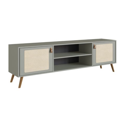 Rack Viena com Pés de Madeira Tela Natural e Couro 160cm:verti
