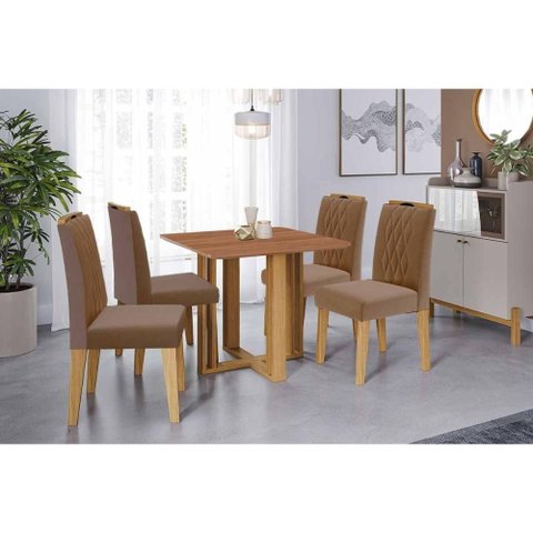 Conjunto: Mesa de Cozinha Flora Tampo Madeirado 95x95cm e 4 Cadeiras Juliana Cinamomo - Carvalho/