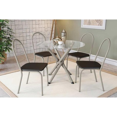 Conjunto: Mesa Sala Jantar Volga C/ Tampo de Vidro 95cm e 4 Cadeiras Noruega Niquel - Courano Preto