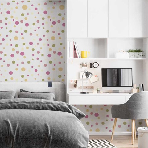 Papel de Parede Poá Bolinhas Coloridas com Fundo Branco - 2,2m