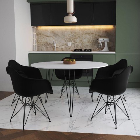 Mesa Jantar Redonda 110cm Branca Clips 3 Pés com 5 Poltronas Pretas Ferro Preto Marrom