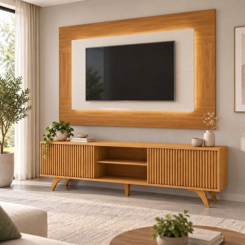 Conjunto Painel Atenas + Rack Siena 220cm com Suporte para TV Off White e Naturalle Mavaular Móveis