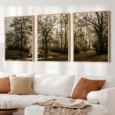 Kit Quadro Decorativo 3 Telas o Caminho Das Arvores Tacolado Moldura Caixa Alta 4,5cm Branca sem Vid