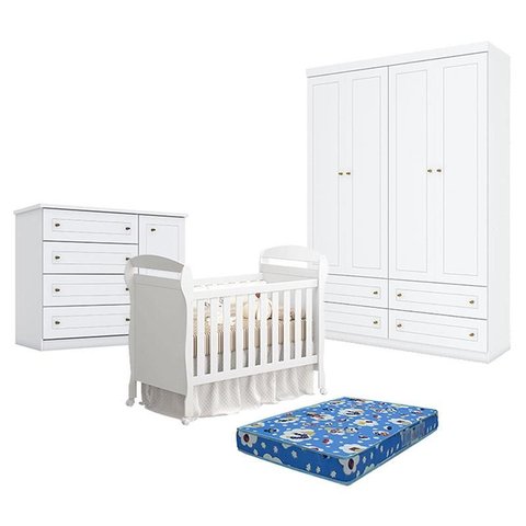 Quarto de Bebê Americano 4 Portas com Berço Danny Branco Acetinado Reller e Colchão Tendtudo - Henn.