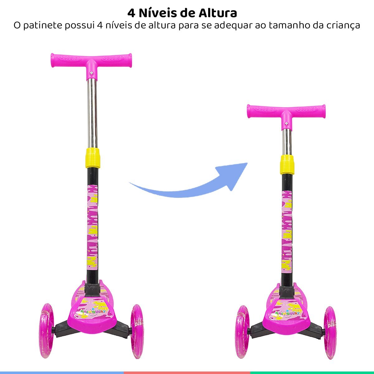 Patinete Infantil 3 Rodas Altura Ajustável 4 Níveis com Luzes Led Criança Dobrável Rosa Importway - 3