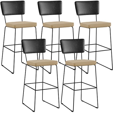 Kit 05 Banquetas Altas Sala Jantar Fixa Allana L02 Couríssimo Preto Linho Bege Escuro - Lyam Decor