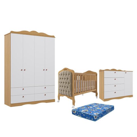 Dormitório Encanto Guarda Roupa, Cômoda e Berço Harmonia Nature/branco com Capitonê e Colchão