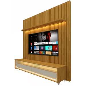 Rack com Painel 1.85 Ripado com LED e Rodízio Nobre Naturale com Off White - Gelius Móveis