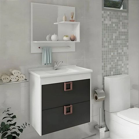 Kit Gabinete de Banheiro 60cm com Cuba Mármore e Espelheira:branco/preto