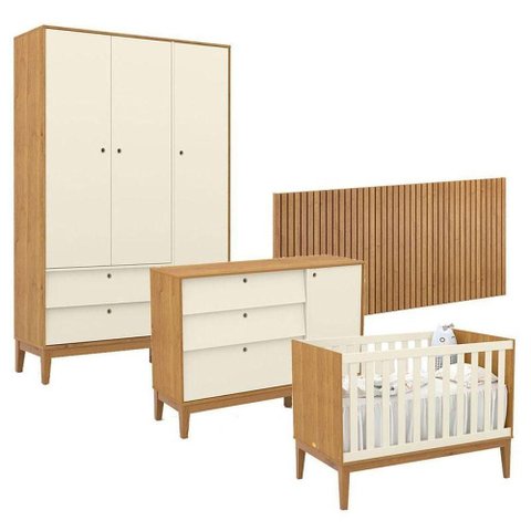Quarto de Bebê Unique 3 Portas com Cômoda Sapateira e Painel Ripado Freijó Off White Eco Wood -