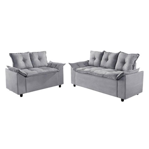Conjunto Sofá Liones com 2 e 3 Lugares Almofadas Soltas e Tecido Suede Cor Cinza