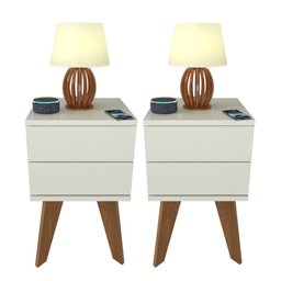 Kit 2 Mesas de Cabeceira 2 Gavetas 30 Cm Mdf Branco com Pés Fj Decor Retrô - 1