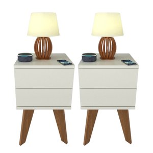 Kit 2 Mesas de Cabeceira 2 Gavetas 30 Cm Mdf Branco com Pés Fj Decor Retrô