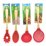 Jogo de Talheres Utensílios Cozinha Silicone Cabo Madeira Kit 4 Peças Colher Concha Escumadeira Pega - 1