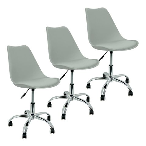 Kit 3 Cadeiras Leda Office Luisa Saarinen Estofada Base Giratória Cromada - Cinza