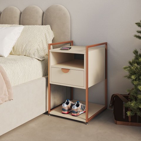 Mesa de Cabeceira Industrial Tókio com Gavetas para Quarto em Ferro Cobre - Tampo Off White