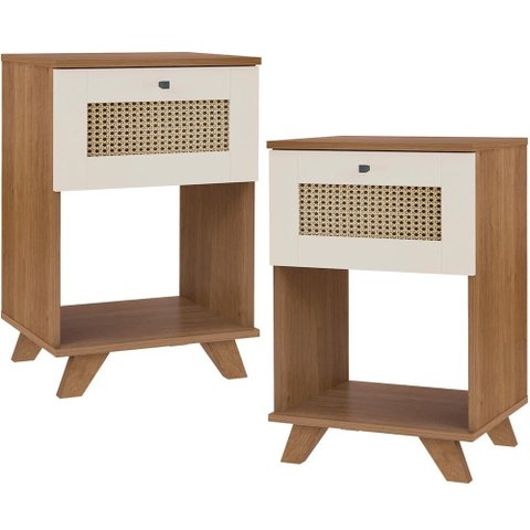 Kit 02 Mesas de Cabeceira para Quarto 43cm 1 Gaveta 3D Tessaro A05 Cinamomo Off White - Lyam Decor
