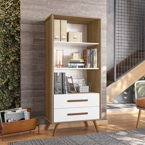 Livreiro com 2 Gavetas Retrô Qmovi Carvalho Toque Rústico/Branco