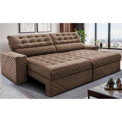 Sofá Retrátil e Reclinável 2,50m Molas Ensacadas Max Spring Velusoft Castor Cama Inbox