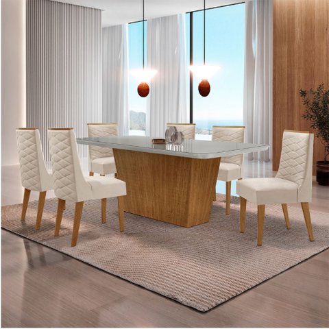 Mesa para Sala de Jantar Aida 180cm Mdf Canto Copo com Vidro e 6 Cadeiras Safira