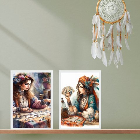 Kit 2 Quadros Decorativos Cigana Cartomante 24x18cm:moldura Branca