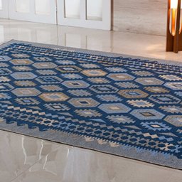 Passadeira Kilim Turco 0,60m x 1,80m Dupla Face Azul Royal - 1