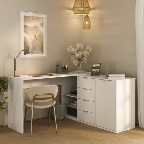 Escrivaninha Mesa Escritório Versátil em L ou Extensível 4 Gavetas 1 Porta 2 Nichos 152cm Branco