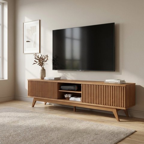 Rack Ripado para TV até 75 Polegadas com Pés em Madeira Maciça 220x56cm Freijó Fortaleza