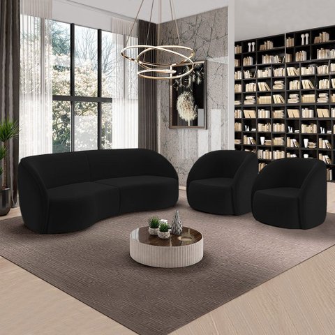 Conjunto Sofá Sala de Estar Bipartido 240cm e 2 Poltronas Clarke Veludo Preto G45 - Gran Belo