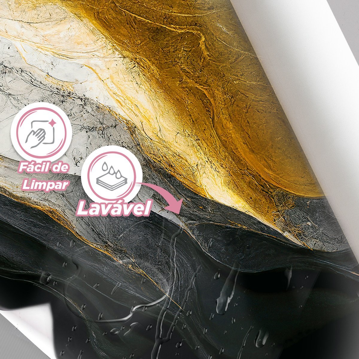 Papel de Parede Painel 3D Mármore Branco Nero Ouro 2,5M Auto Colante Lavável Revestimento Brilhoso - 3