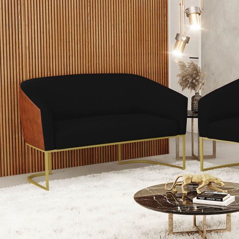 Sofá 2 Lugares Namoradeira Industrial Dourado Stella Noz/linho Preto D03 - D’Rossi