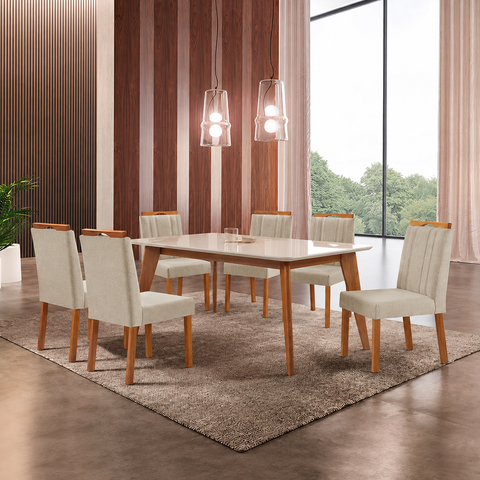 Conjunto Sala de Jantar Mesa Paris Madeira Maciça 180x90cm Tampo Retângular Vidro Off White com 6 Ca