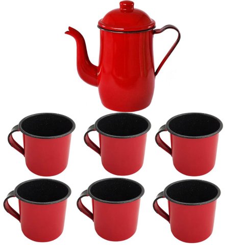 Bule Café Esmaltado 1,25 Litros e 6 Xícaras 400ml Tradicional Vermelho
