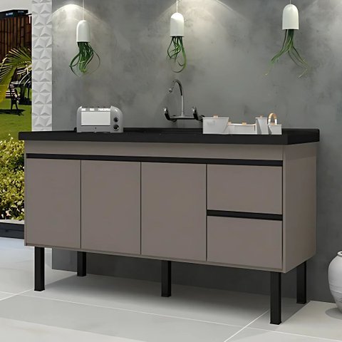 Gabinete de Cozinha 2 Gavetas 3 Portas 194cm Grande 100% MDF:Cinza