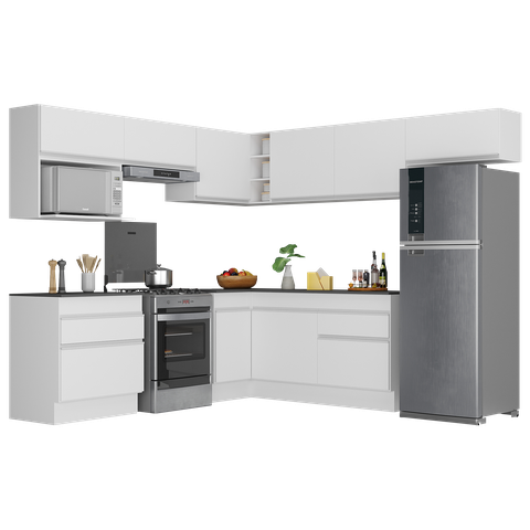 Armário de Cozinha Completa de Canto com Rodapé Veneza Multimóveis V2106 Branco