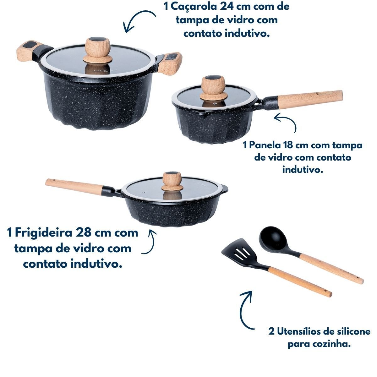 Jogo de Panelas com Revestimento Antiaderente Mármore Cerâmico 8 Peças Preto - 2