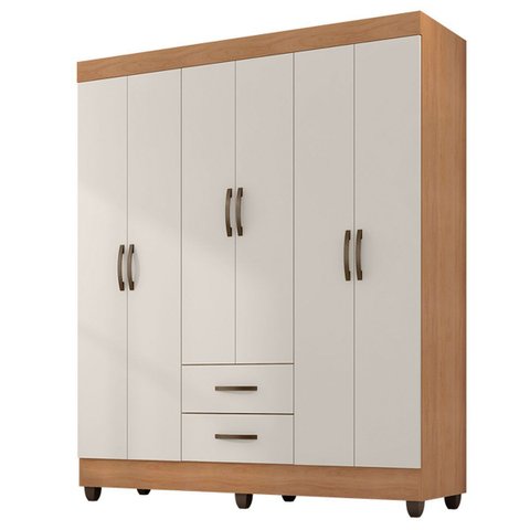 Guarda-roupa Casal 6 Portas 2 Gavetas e 5 Prateleira Lisa Mdp Nature/off White