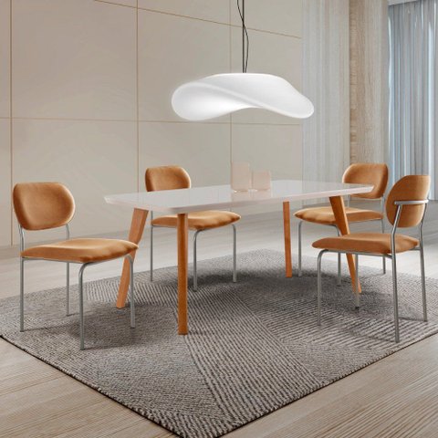 Conjunto Sala de Jantar Mesa Malta 120cm Tampo Laqueado Vidro Canto Moeda e 4 Cadeiras Marchezine