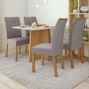 Conjunto Mesa de Jantar Celebrare 1,20 C/ Vidro e 4 Cadeiras Apogeu Tecido Veludo Liso Capuccino