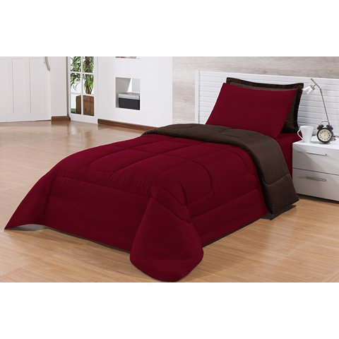 Kit Edredom Solteiro 4 Peças Pérola Vermelho/tabaco