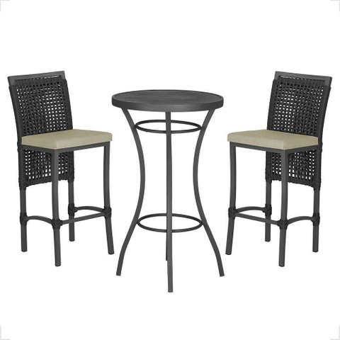 Mesa Bistrô e 2 Banquetas Roma Preta Corda Estofado 7 Trama Preto