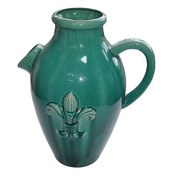 Elegância Exótica em Verde Jade: Jarra Cerâmica Chinesa com Flor de Lis e Espiga - 4