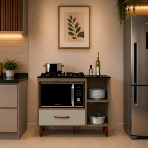 Balcão Cooktop 5 Bocas com Nicho Micro-Ondas Córdoba 1 Gaveta Pés PVC - Canela/Off