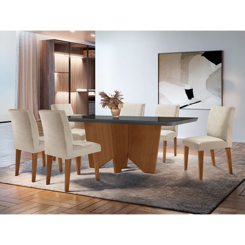 Sala de Jantar Mesa Evora 180 Mdf Vidro Canto Copo com 6 Cadeiras Grecia Rufato