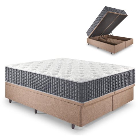Base Box Baú Queen Bipartido 158x198 Linho com Colchão Relax Fresh Molas Ensacadas