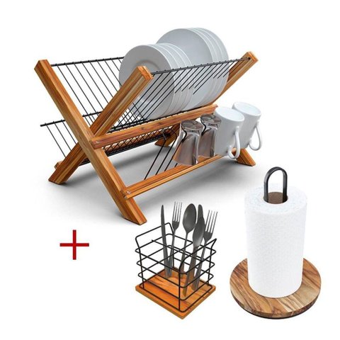 Kit Escorredor de Madeira + Porta Talheres + Porta Papel Toalha - Stolf