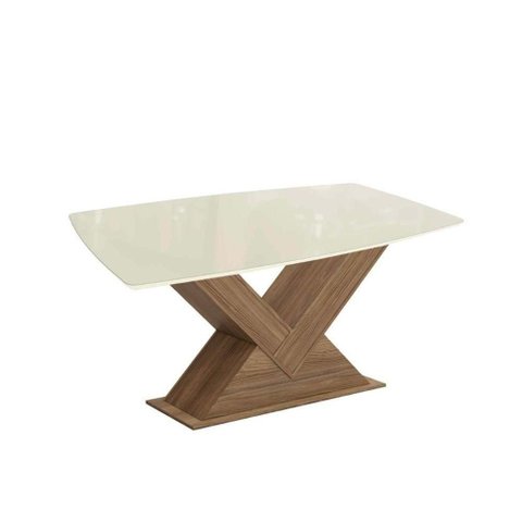 Mesa para Cozinha Amora com Tampo Madeirado com Vidro 90x170cm Nogueira Off White Vidro Off White